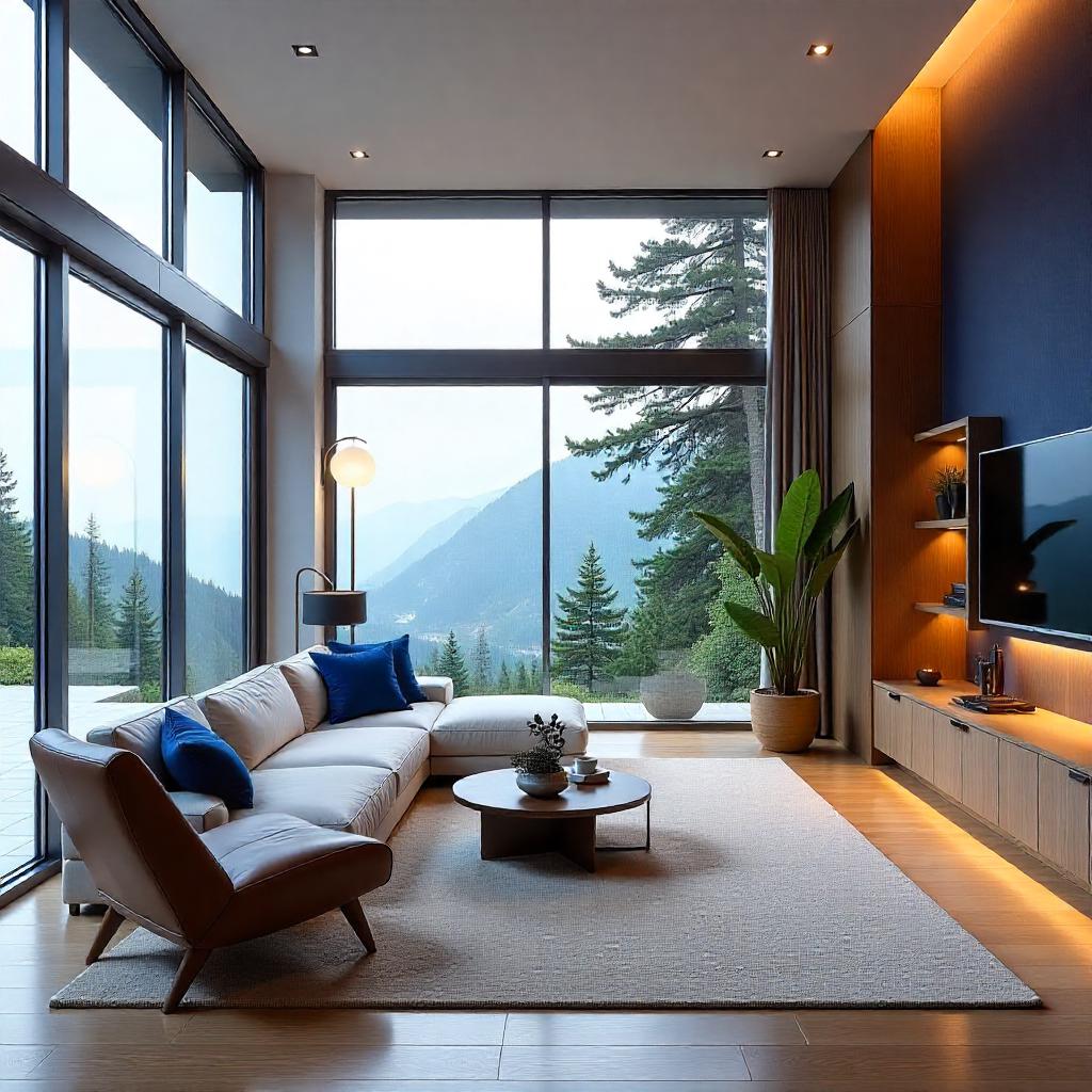 Modern living room with mountain view